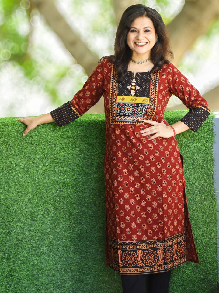 Mohini Maroon Red Kutch Mirror Yoke with Embroidery Gamthi Print Cotton Kurti-D3