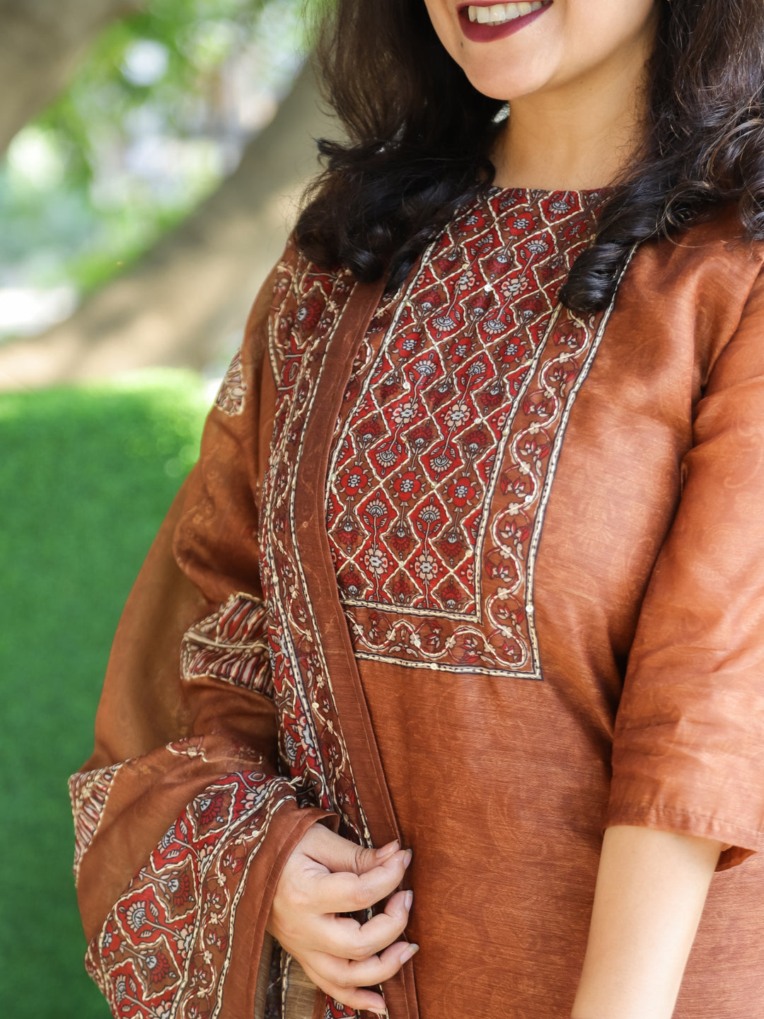 Sanam Powder Brown Printed Yoke with Kantha Work Detailing Chanderi 3 PIece Set