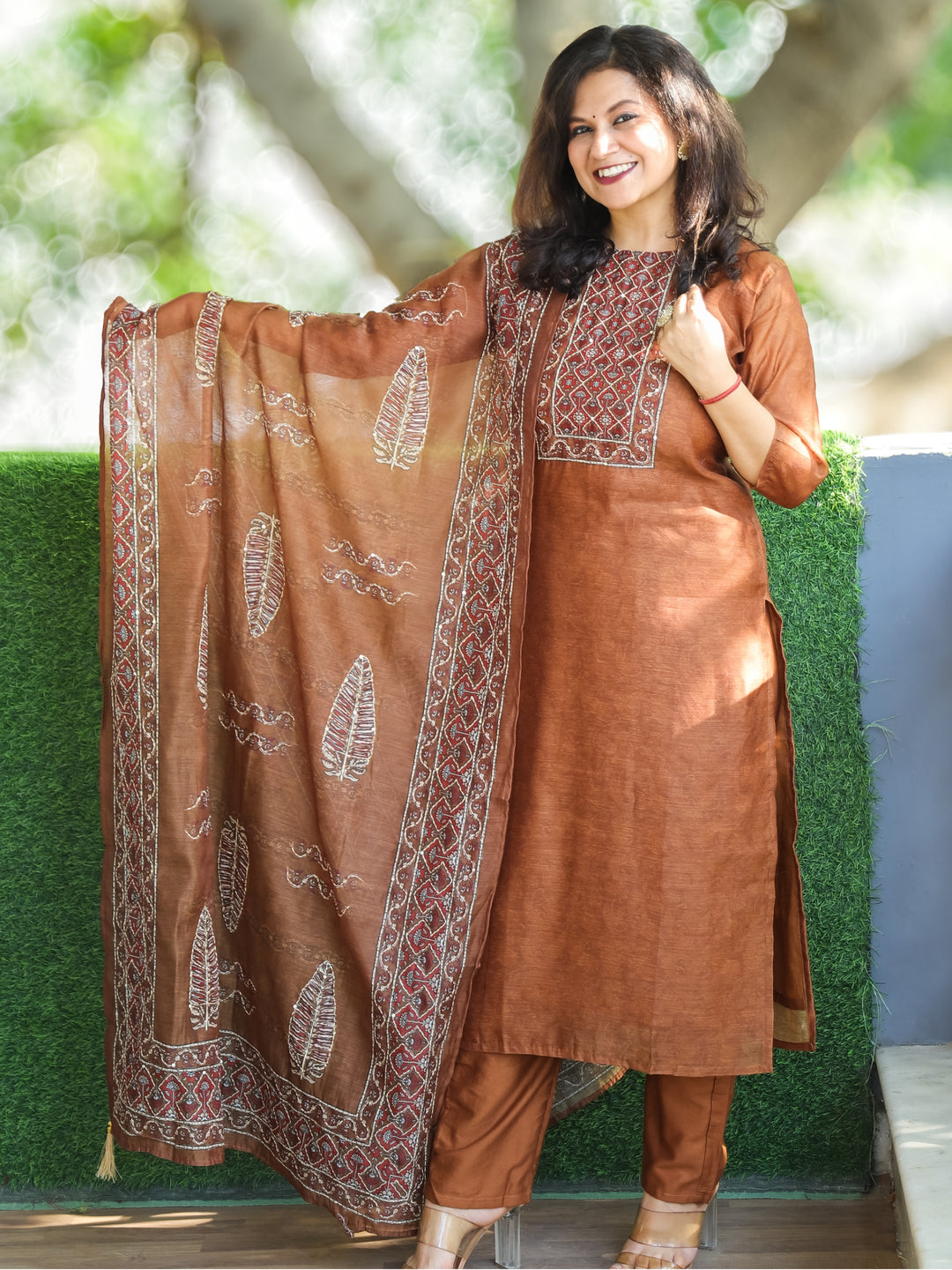 Sanam Powder Brown Printed Yoke with Kantha Work Detailing Chanderi 3 PIece Set