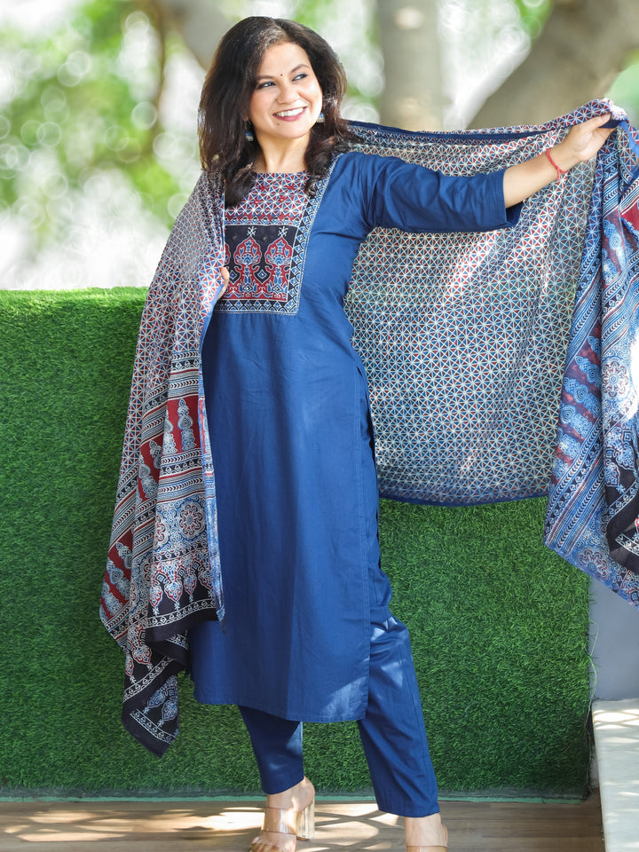 Swaroopi Denim Blue Ajrak Printed Yoke with Mirror Work Cotton 3 Piece Set