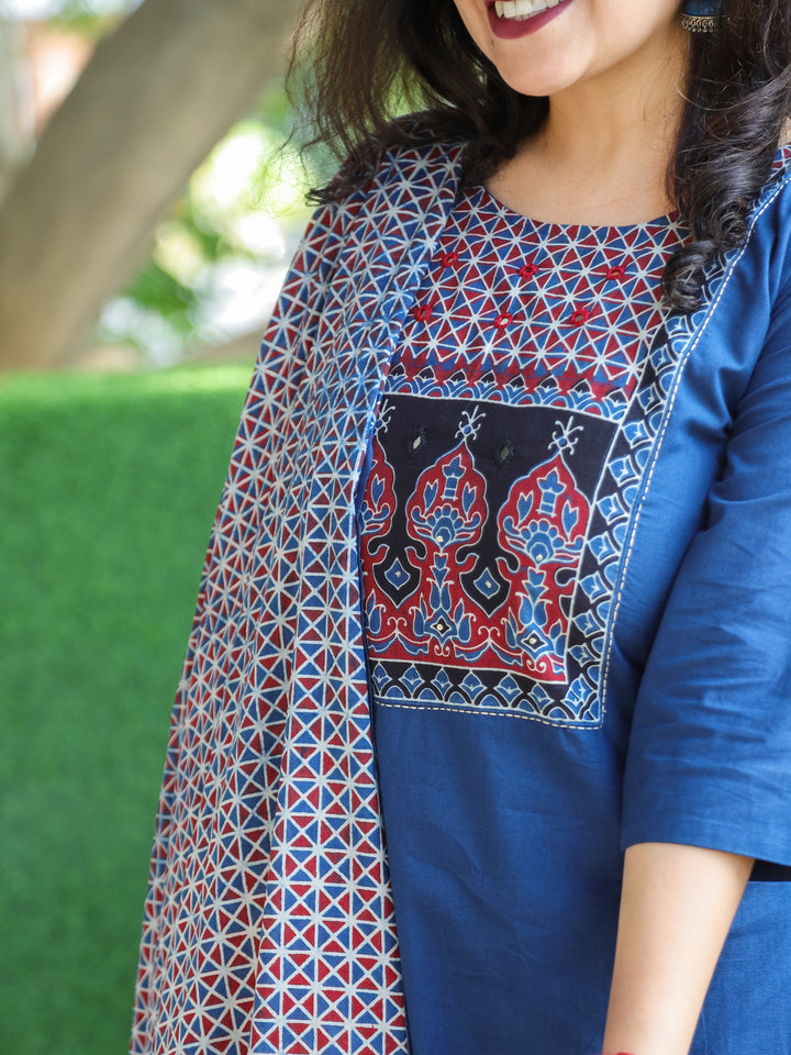 Swaroopi Denim Blue Ajrak Printed Yoke with Mirror Work Cotton 3 Piece Set