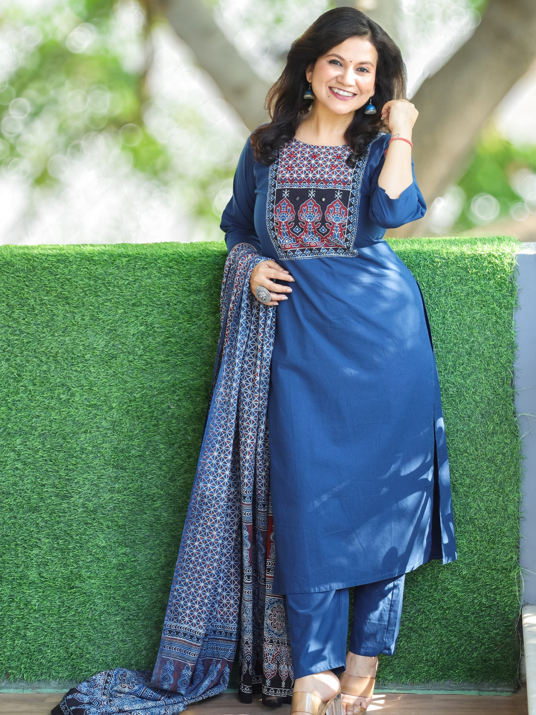 Swaroopi Denim Blue Ajrak Printed Yoke with Mirror Work Cotton 3 Piece Set