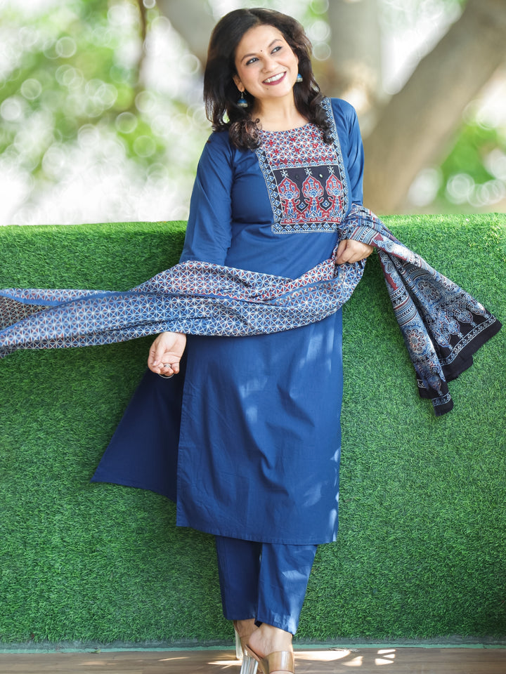 Swaroopi Denim Blue Ajrak Printed Yoke with Mirror Work Cotton 3 Piece Set