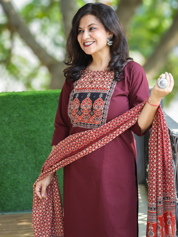 Swaroopi Burgundy Wine Ajrak Printed Yoke with Mirror Work Cotton 3 Piece Set
