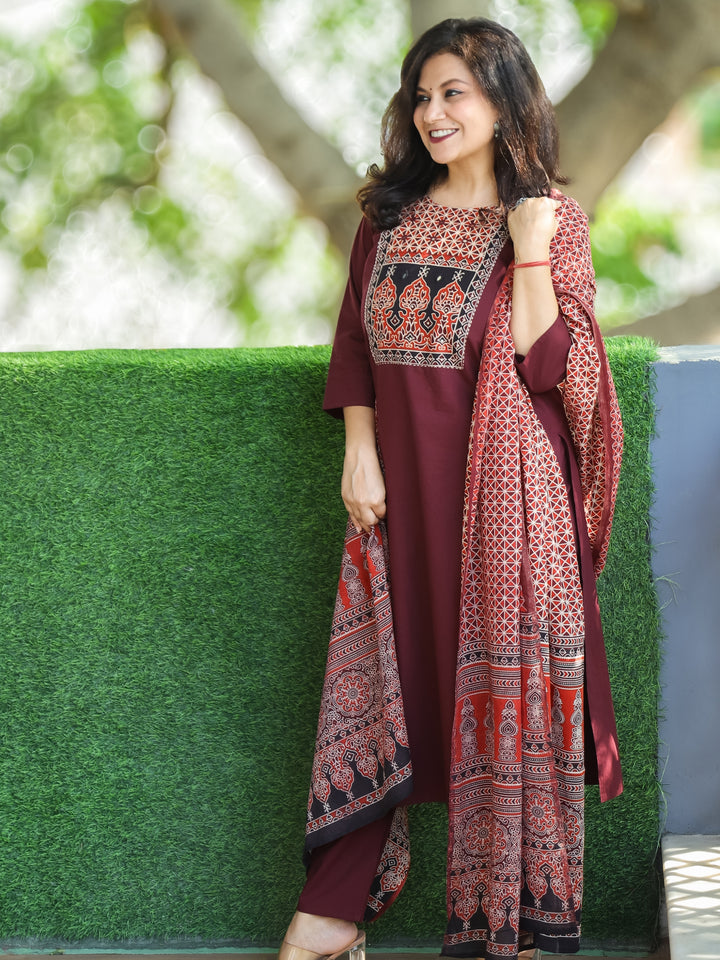 Swaroopi Burgundy Wine Ajrak Printed Yoke with Mirror Work Cotton 3 Piece Set