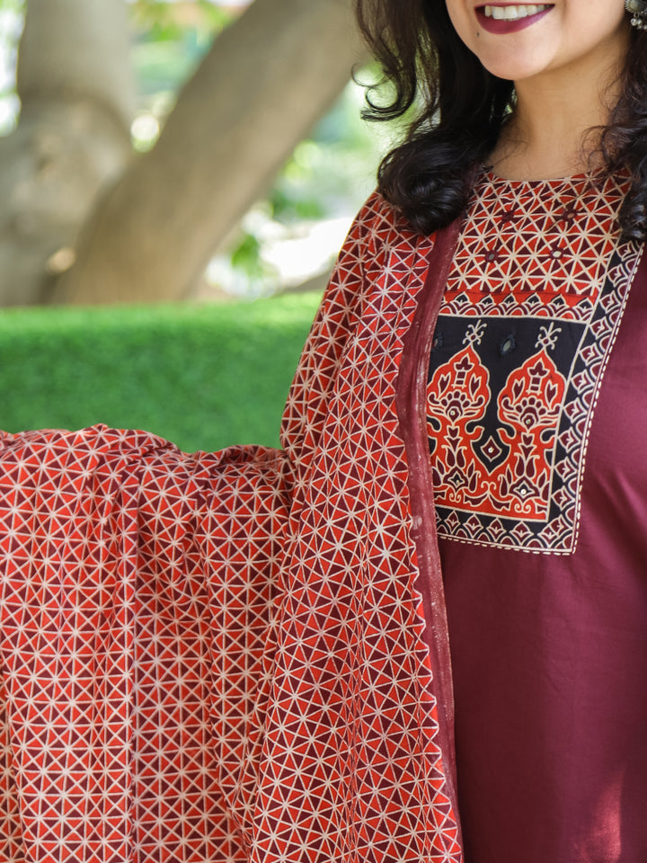Swaroopi Burgundy Wine Ajrak Printed Yoke with Mirror Work Cotton 3 Piece Set