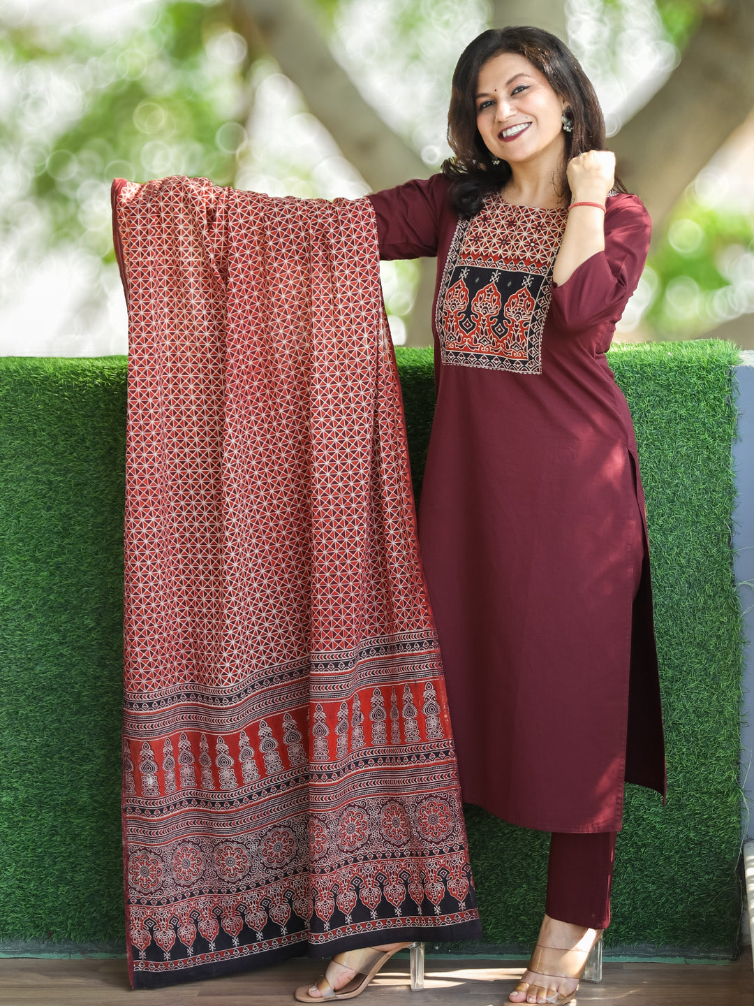 Swaroopi Burgundy Wine Ajrak Printed Yoke with Mirror Work Cotton 3 Piece Set
