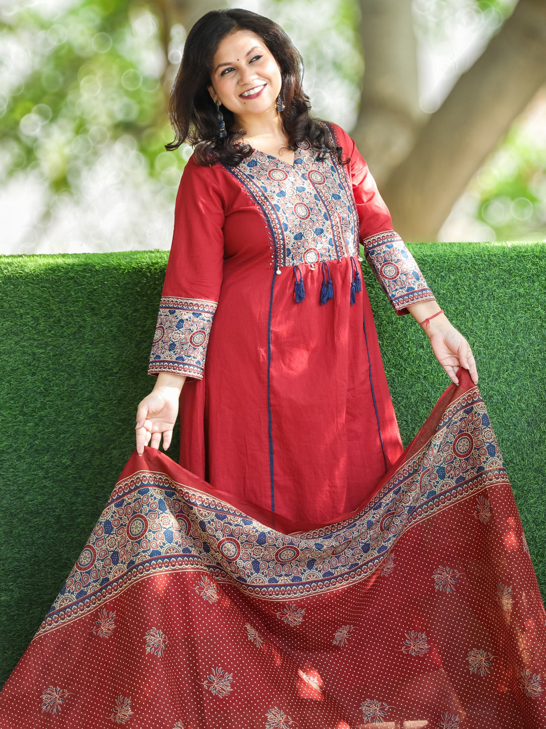 Swaroopi Cherry Red Printed Yoke wth Hanging Detailing Work Cotton 3 Piece Set
