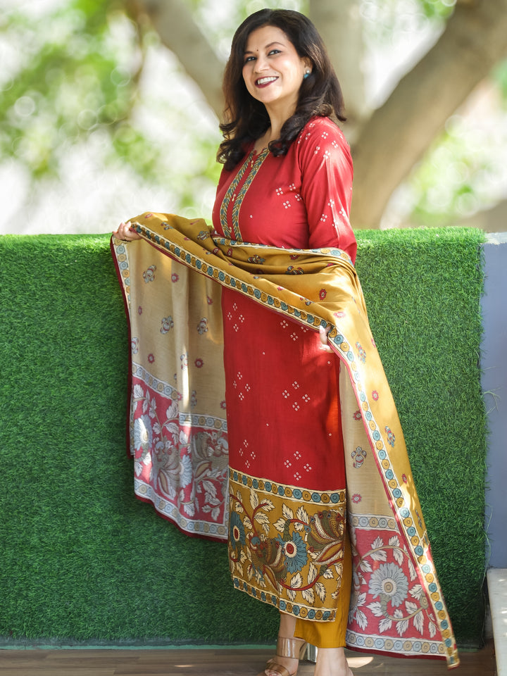 Swaroopi Berry Red Digital Printed Neck and Hem work Muslin Suit Set