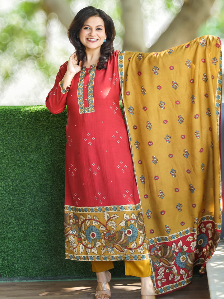 Swaroopi Berry Red Digital Printed Neck and Hem work Muslin Suit Set