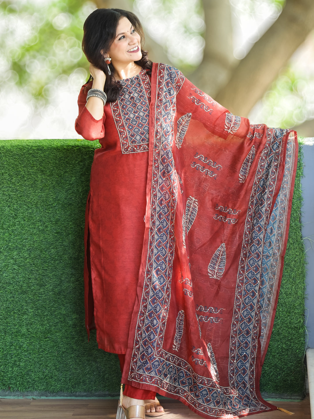 Sanam Berry Red Printed Yoke with Kantha Work Detailing Chanderi 3 PIece Set