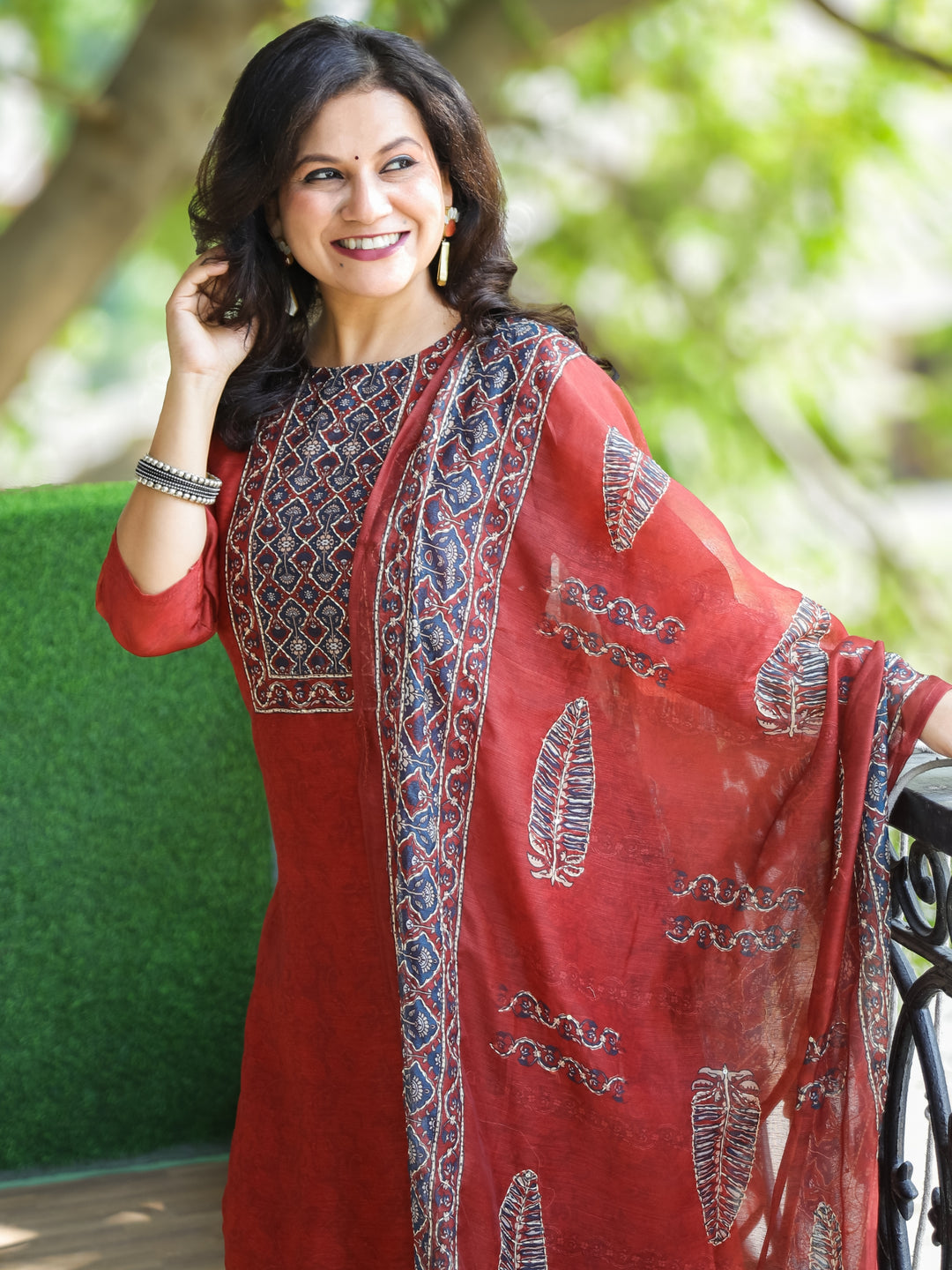 Sanam Berry Red Printed Yoke with Kantha Work Detailing Chanderi 3 PIece Set