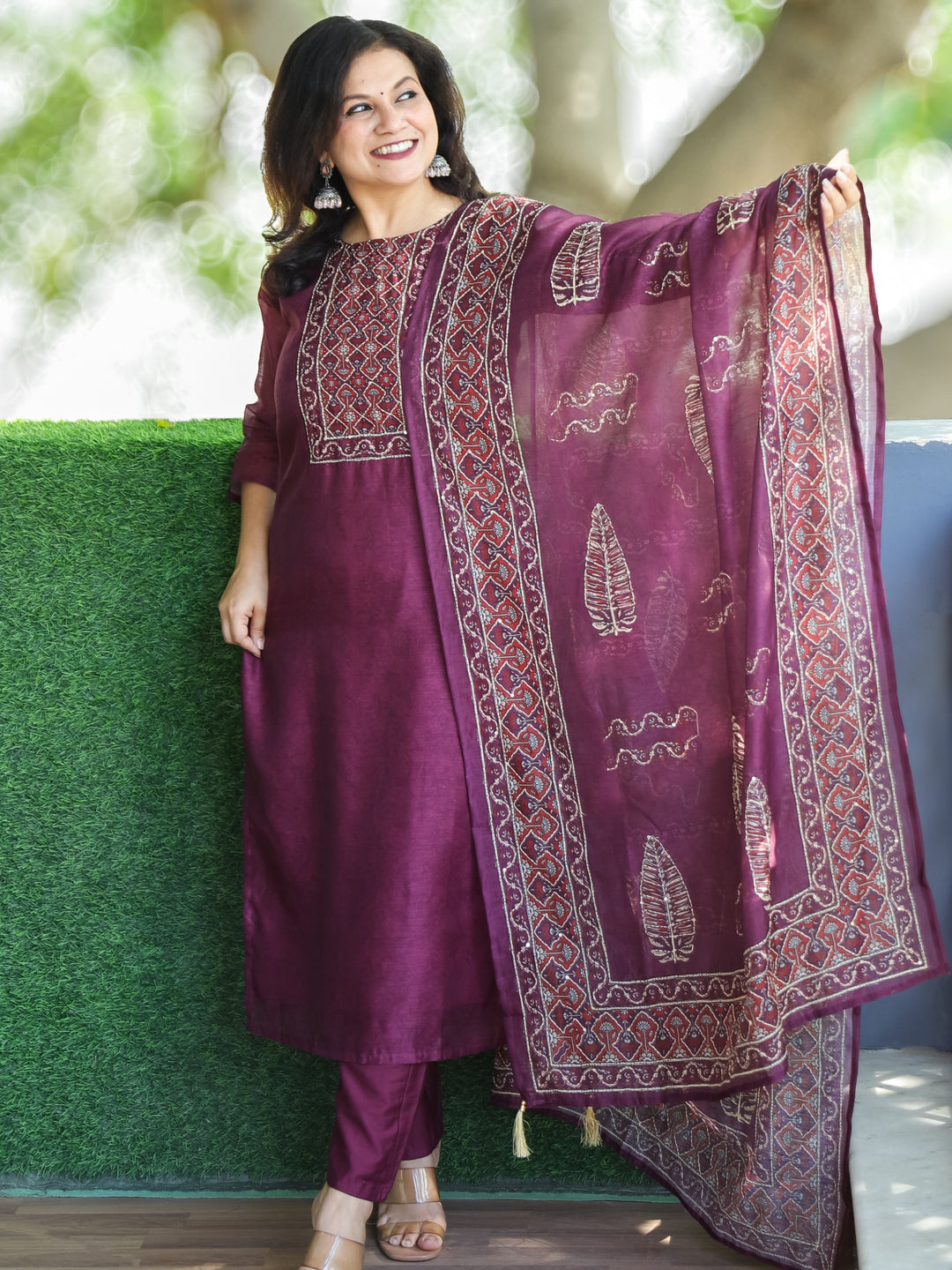 Sanam Wine Burgundy Printed Yoke with Kantha Work Detailing Chanderi 3 PIece Set