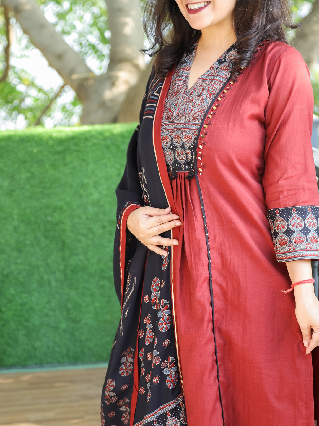 Swaroopi Barn Red Printed Yoke with Mirror Pintuck and Gathered Mul Chanderi 3 Piece Set