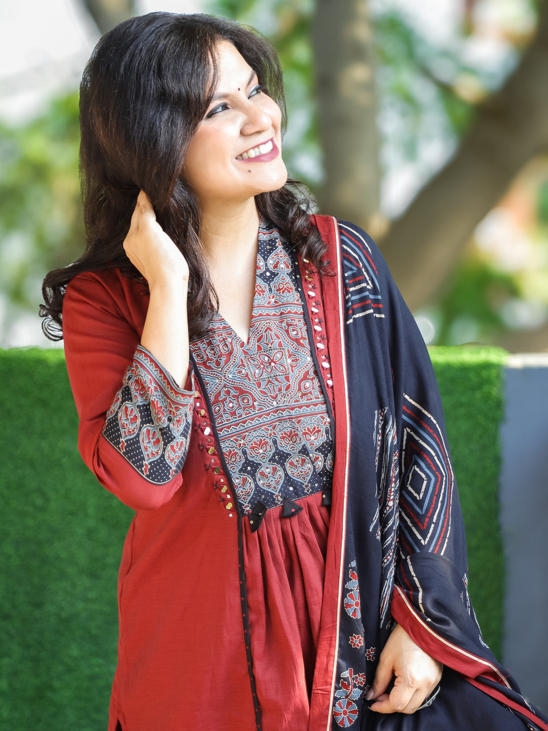Swaroopi Barn Red Printed Yoke with Mirror Pintuck and Gathered Mul Chanderi 3 Piece Set