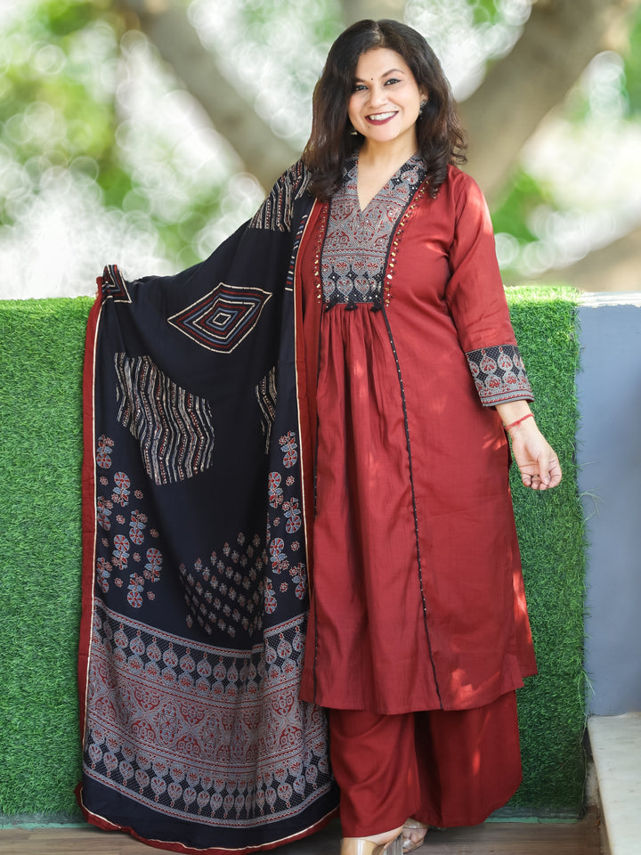 Swaroopi Barn Red Printed Yoke with Mirror Pintuck and Gathered Mul Chanderi 3 Piece Set