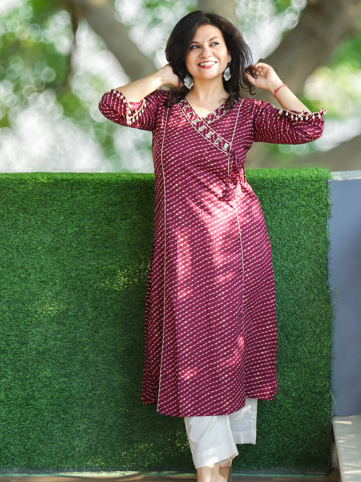Lehar Wine Purple Angrakha Neck with Mirror Lace in leheriya Print Cotton Kurti