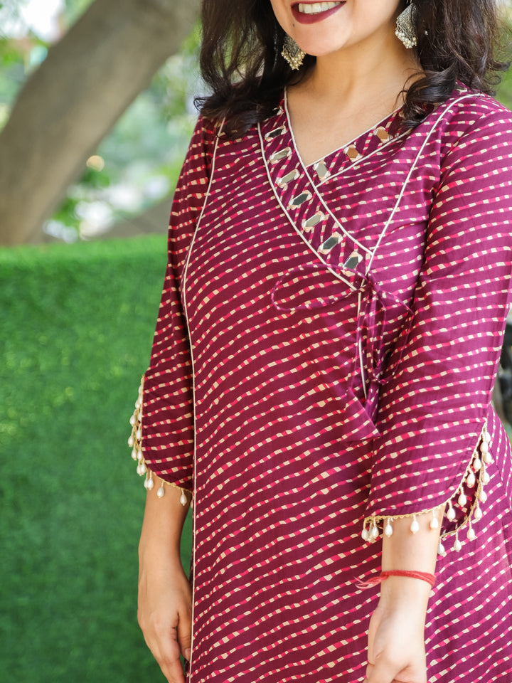 Lehar Wine Purple Angrakha Neck with Mirror Lace in leheriya Print Cotton Kurti