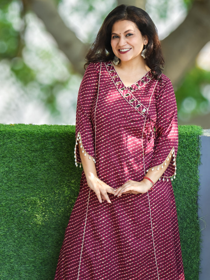 Lehar Wine Purple Angrakha Neck with Mirror Lace in leheriya Print Cotton Kurti