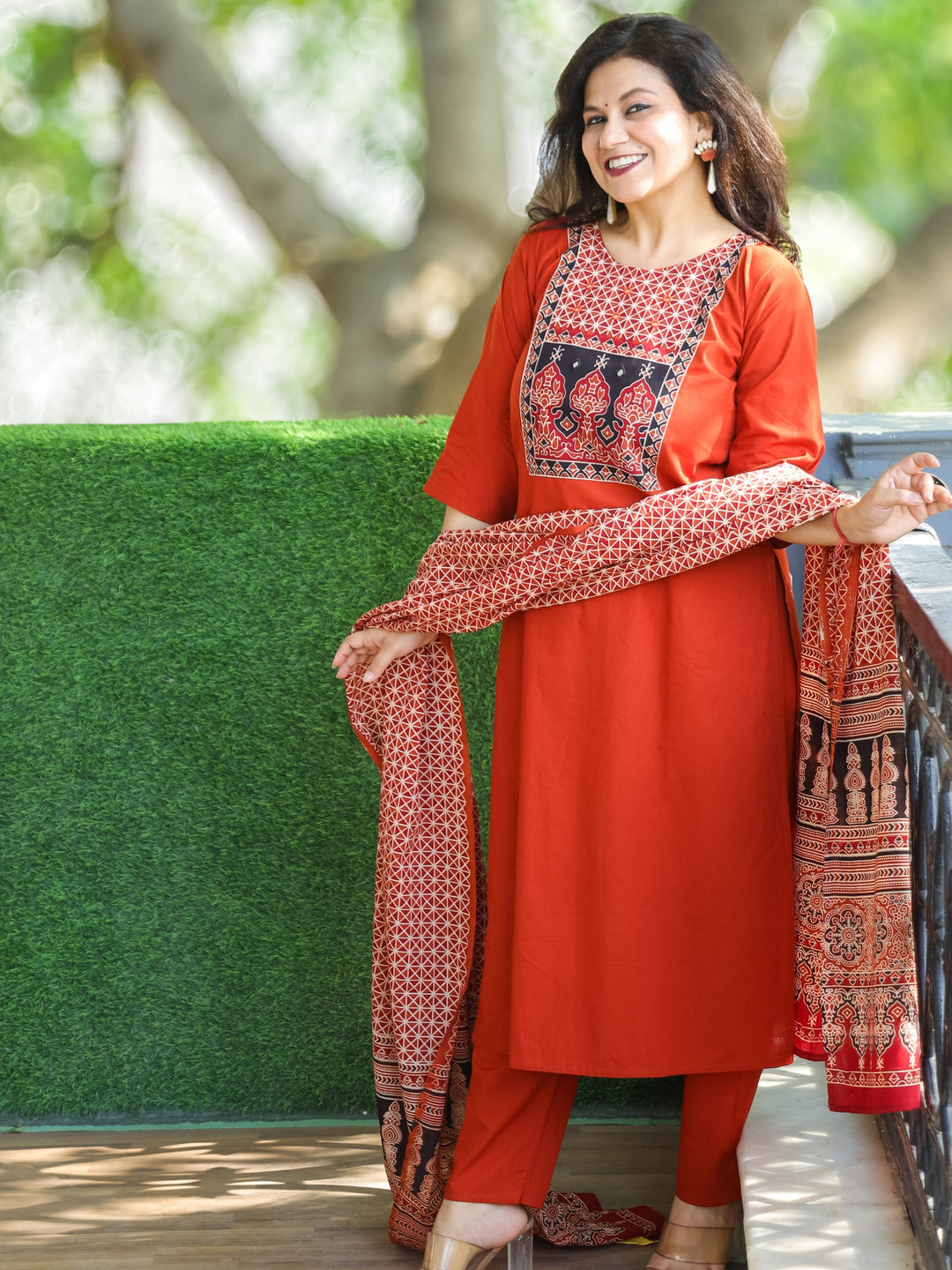 Swaroopi Burnt Orange Ajrak Printed Yoke with Mirror Work Cotton 3 Piece Set