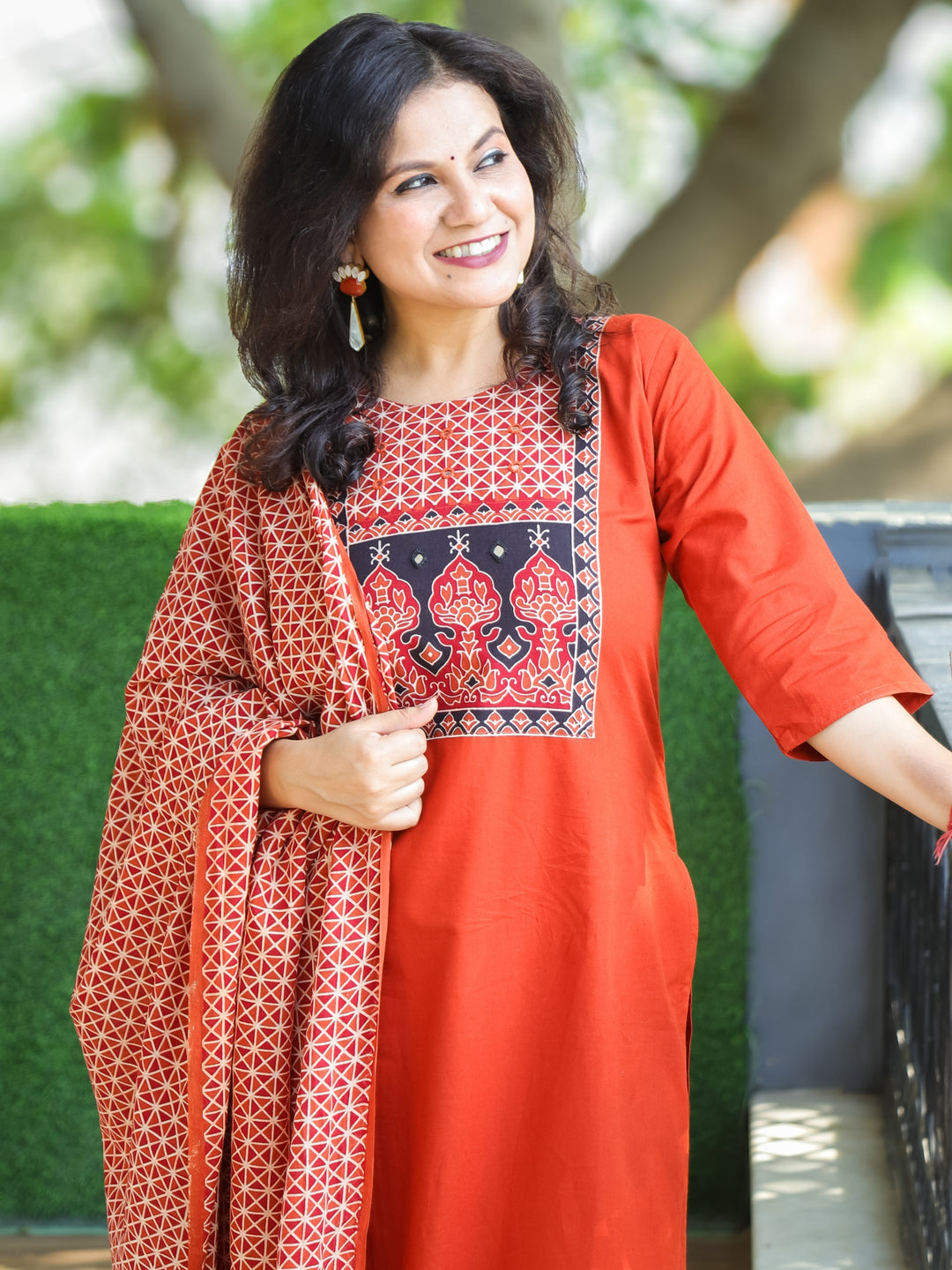 Swaroopi Burnt Orange Ajrak Printed Yoke with Mirror Work Cotton 3 Piece Set