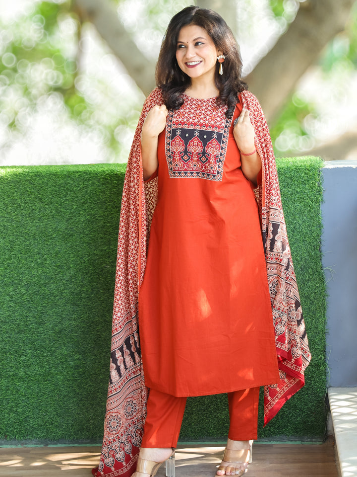 Swaroopi Burnt Orange Ajrak Printed Yoke with Mirror Work Cotton 3 Piece Set