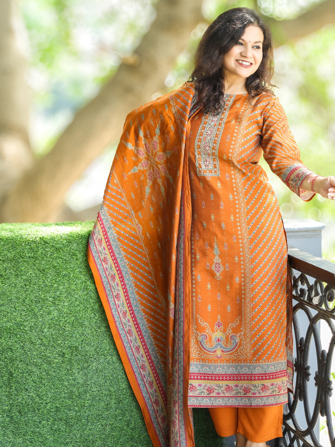 Mayra Burnt Rust Embellish Neck Workin Panel with Floral Printed Modal 3 Piece Set