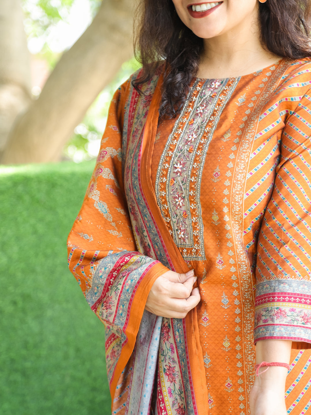 Mayra Burnt Rust Embellish Neck Workin Panel with Floral Printed Modal 3 Piece Set