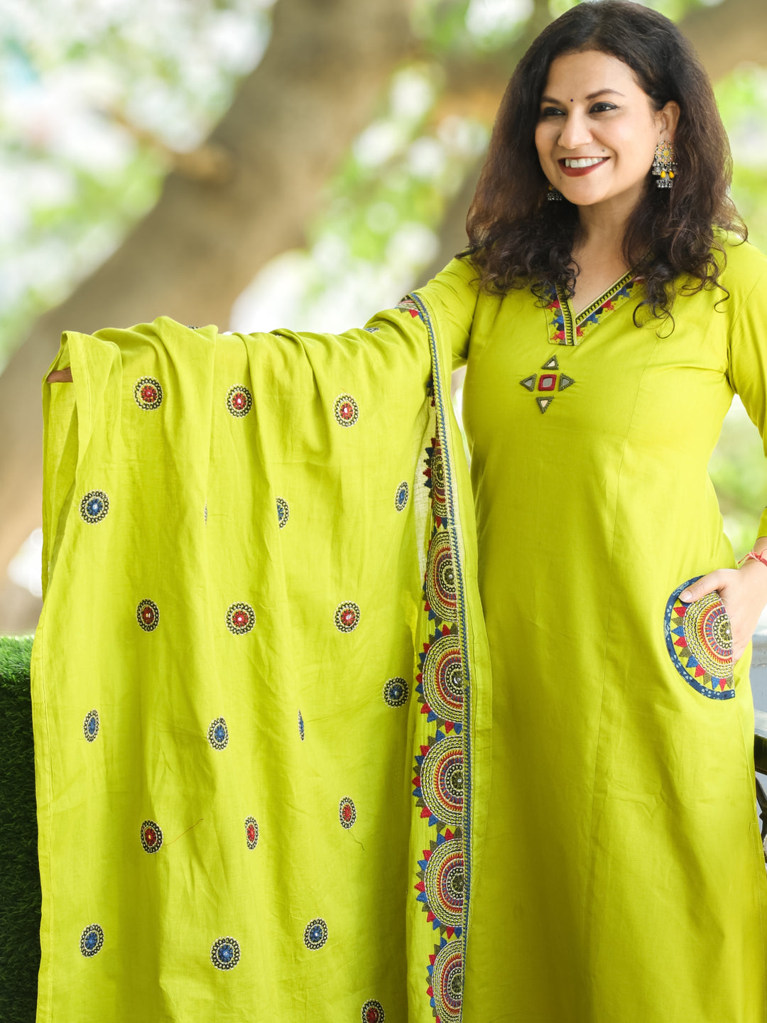 Kaveri Lemon Green V Neck Mirror Work with Embroiered Pocket Cotton 3 Piece Set