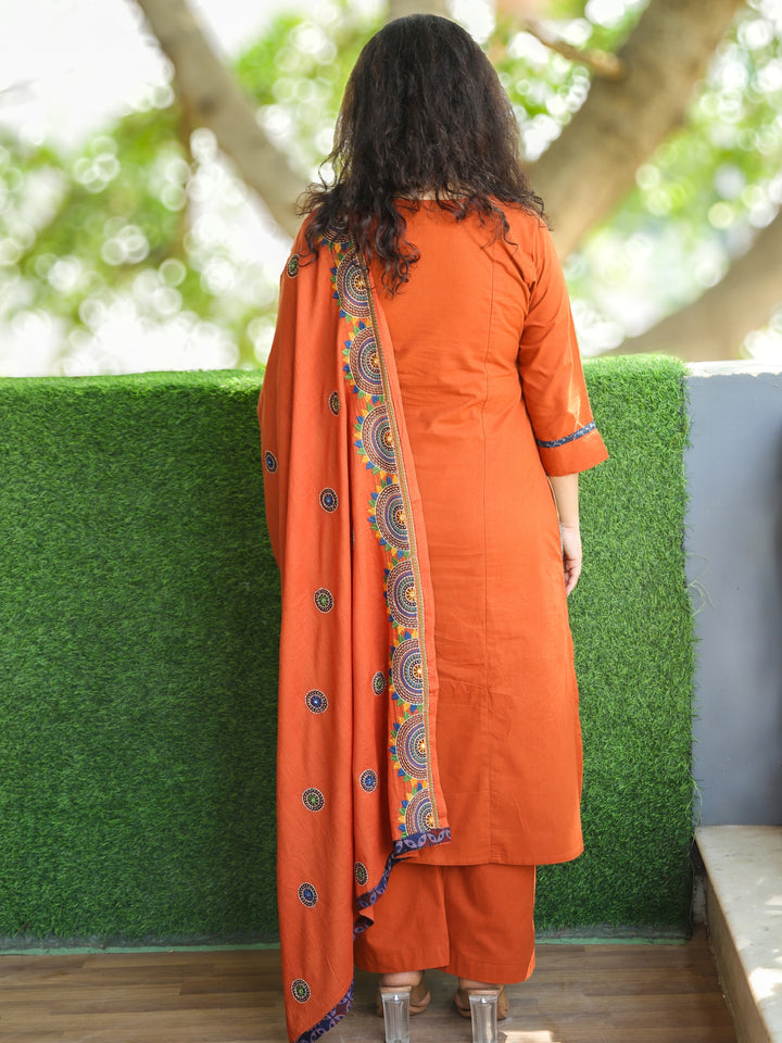 Kaveri Burnt Rust V Neck Mirror Work with Embroiered Pocket Cotton 3 Piece Set