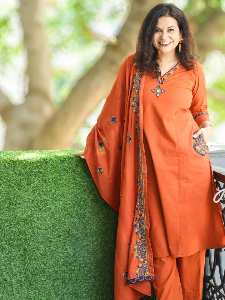 Kaveri Burnt Rust V Neck Mirror Work with Embroiered Pocket Cotton 3 Piece Set