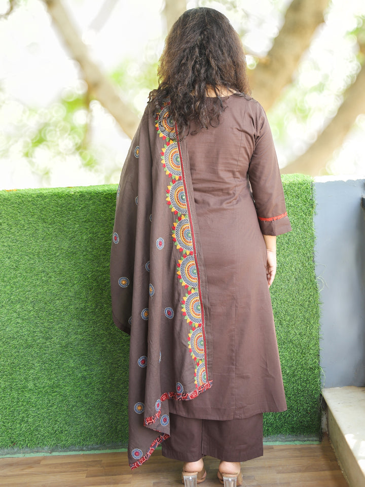 Kaveri Taupe Tan V Neck Mirror Work with Embroiered Pocket Cotton 3 Piece Set