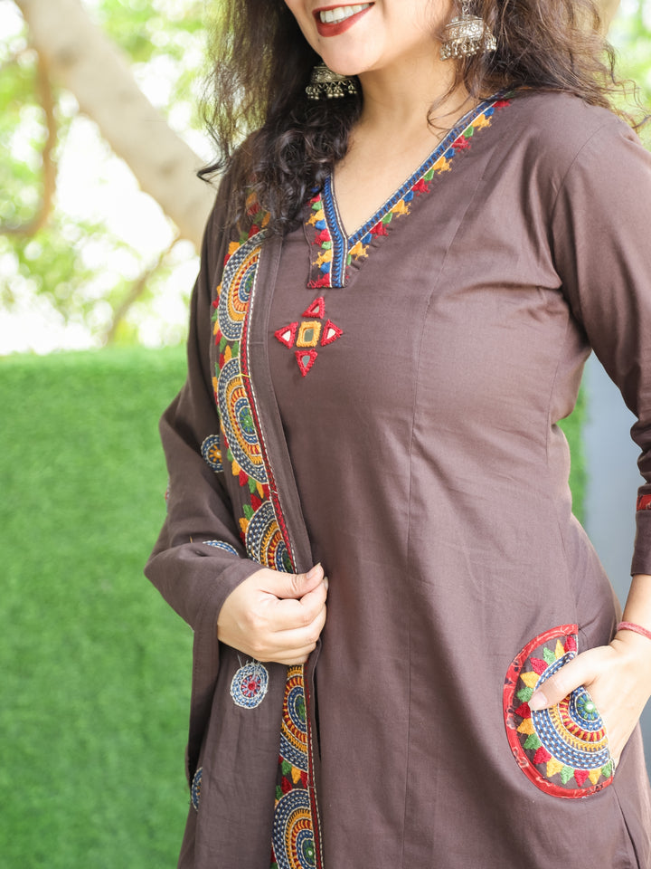 Kaveri Taupe Tan V Neck Mirror Work with Embroiered Pocket Cotton 3 Piece Set