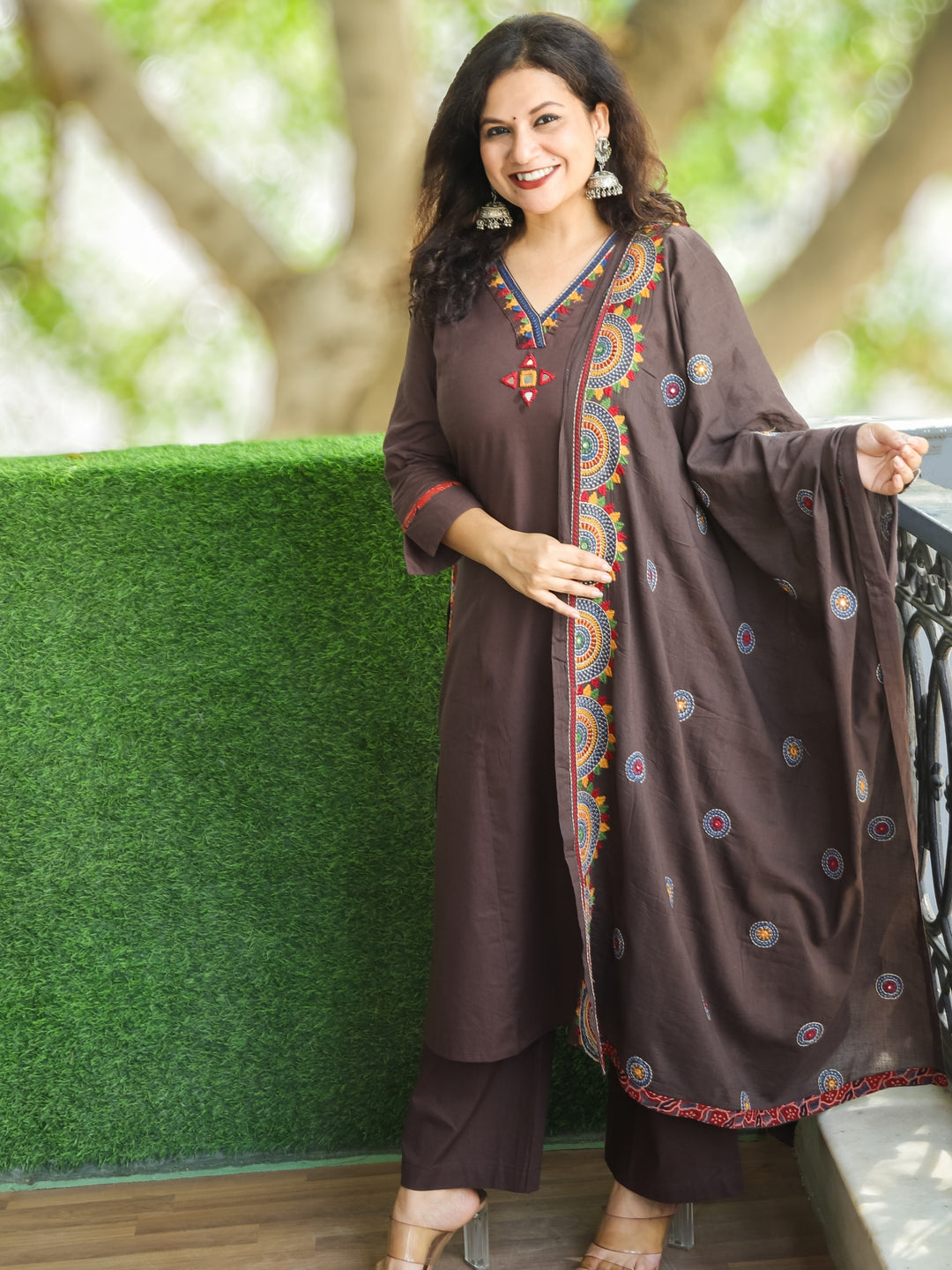Kaveri Taupe Tan V Neck Mirror Work with Embroiered Pocket Cotton 3 Piece Set