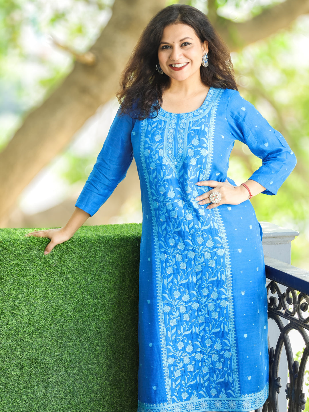Umang Prussian Blue Round Neck with Thread Weaved in Front Chanderi Kurti