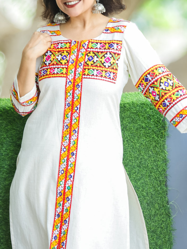 Phulwari Shell White Kutchi Mirror and Thread Embroidery Neck Work Cotton Kurti