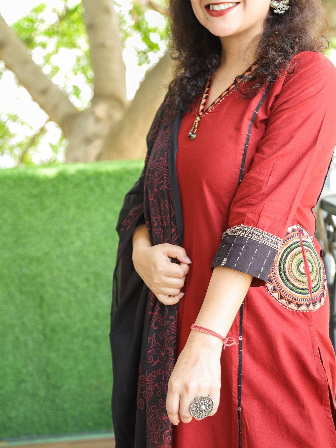 Roshni Cherry Maroon V Neck Lace Work with Embroiered Pocket Cotton 3 Piece Set