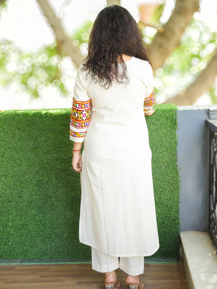 Phulwari Shell White Kutchi Mirror and Thread Embroidery Neck Work Cotton Kurti