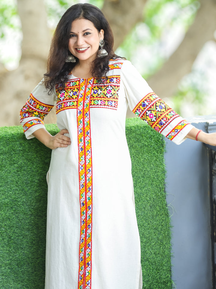 Phulwari Shell White Kutchi Mirror and Thread Embroidery Neck Work Cotton Kurti