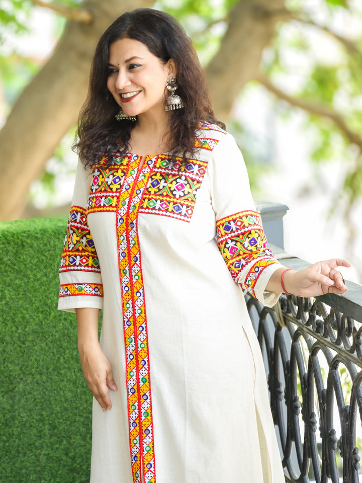 Phulwari Shell White Kutchi Mirror and Thread Embroidery Neck Work Cotton Kurti