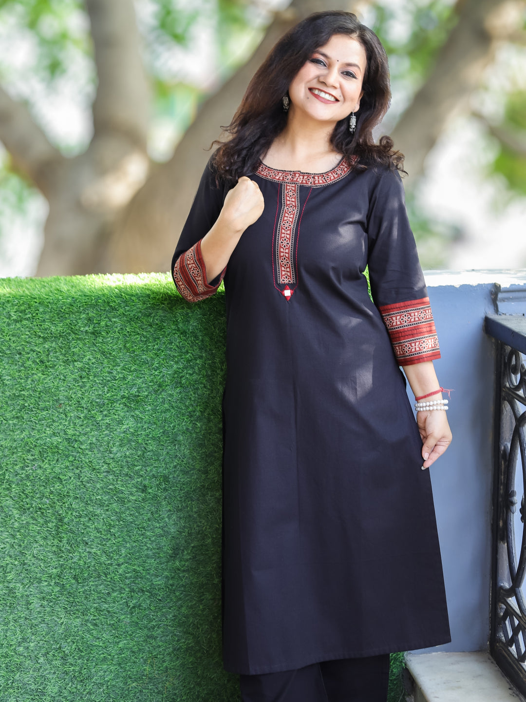 Sajj Oil Black Round Neck with Printed Patch Work Cotton Kurti