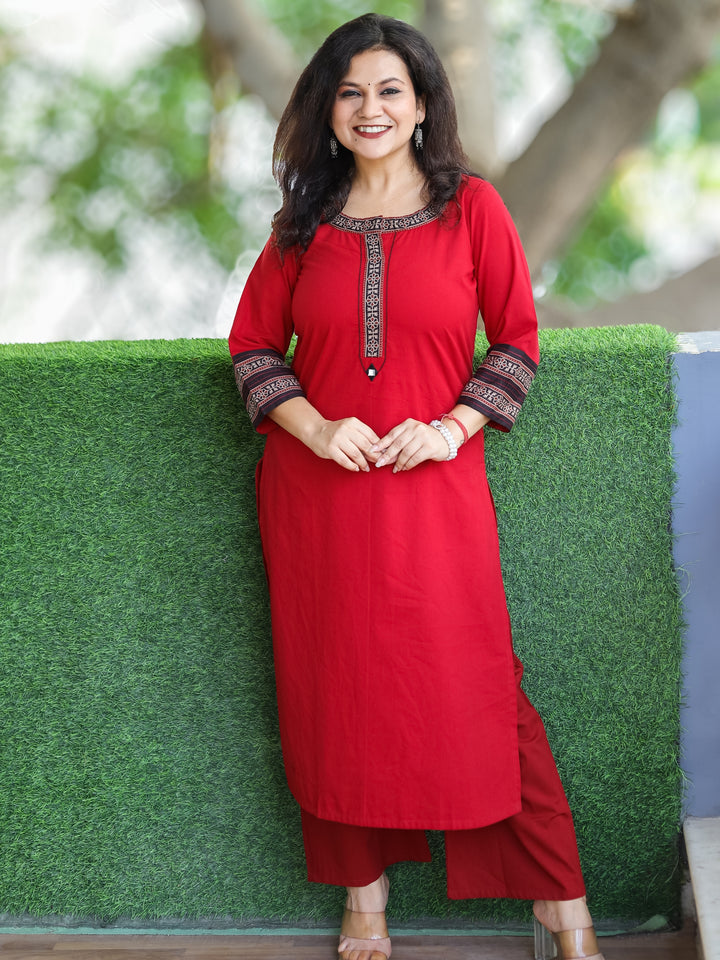 Sajj Maroon Red Round Neck with Printed Patch Work Cotton Kurti
