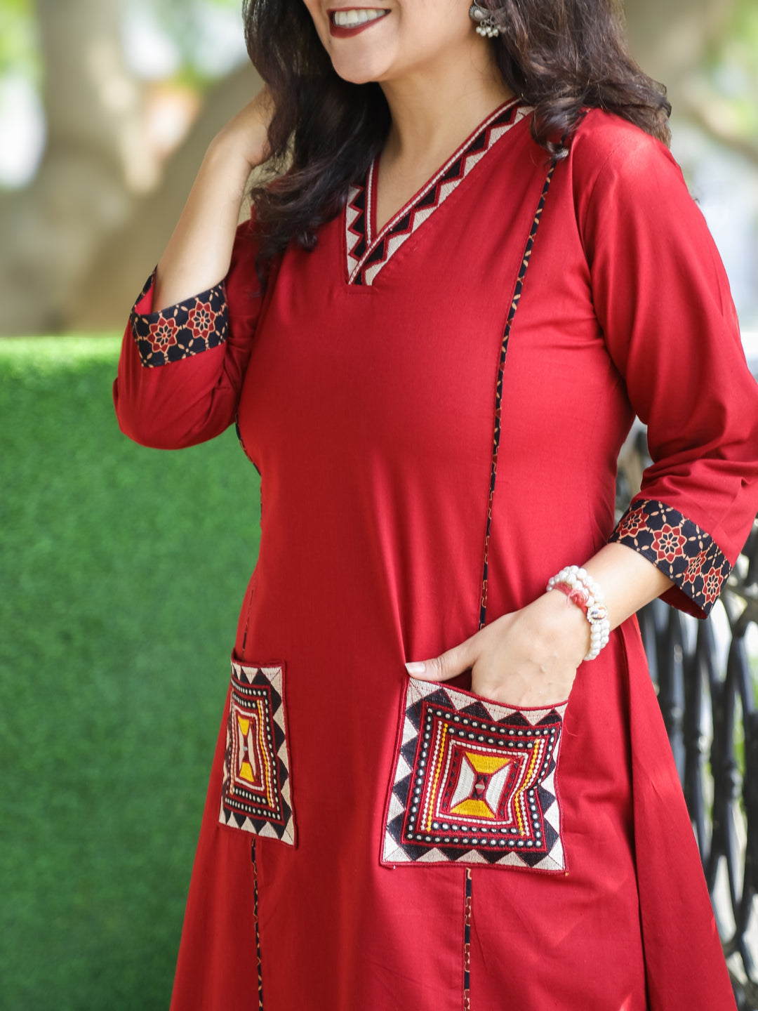 Saiyara Cherry Red V Neck Lace Work with Embroiered Pocket Cotton 2 Piece Set