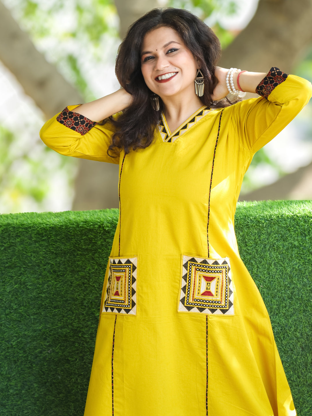 Saiyara Turmeric Yellow V Neck Lace Work with Embroiered Pocket Cotton 2 Piece Set