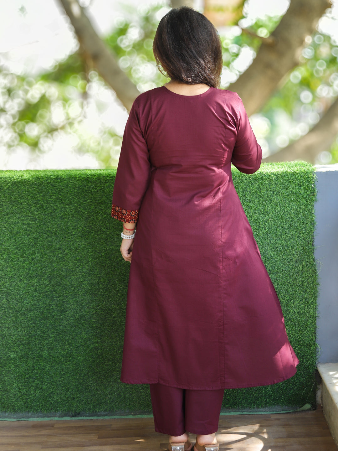 Saiyara Burgundy Wine V Neck Lace Work with Embroiered Pocket Cotton 2 Piece Set