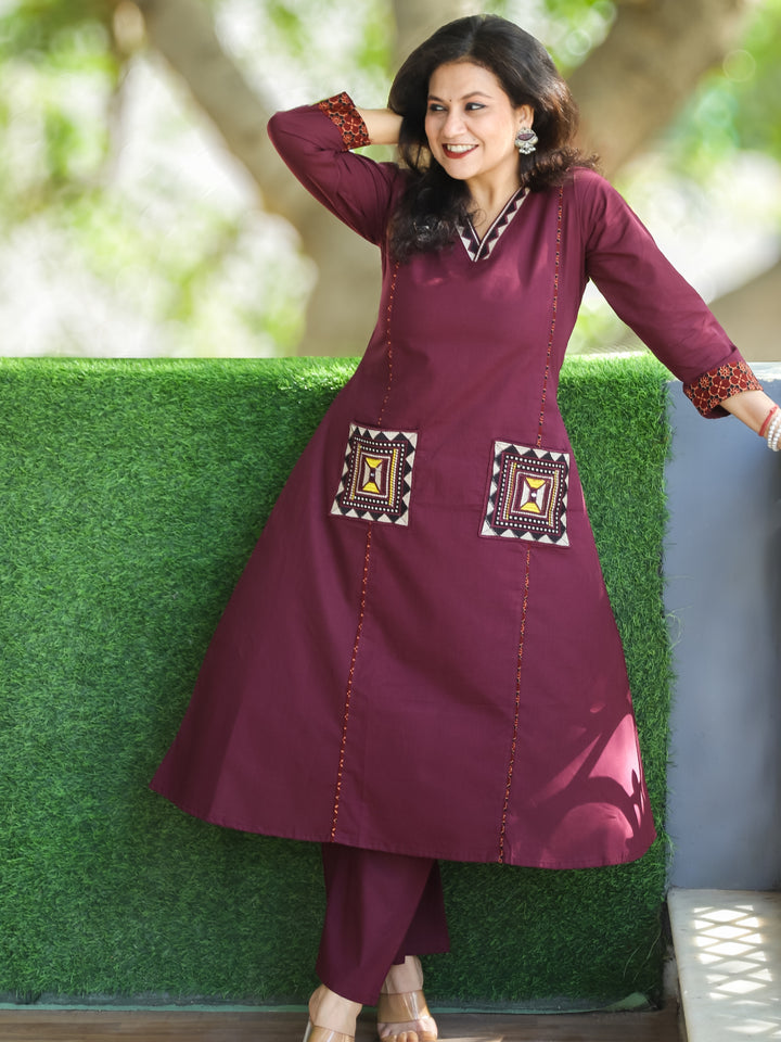 Saiyara Burgundy Wine V Neck Lace Work with Embroiered Pocket Cotton 2 Piece Set