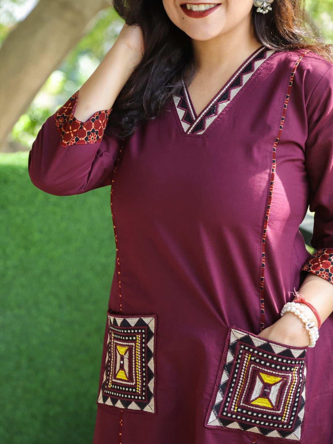 Saiyara Burgundy Wine V Neck Lace Work with Embroiered Pocket Cotton 2 Piece Set