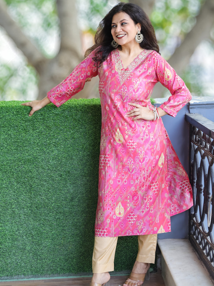 Daarshvi Lotus Pink V Embellish Neck Work in Digital Floral Print Modal Kurti