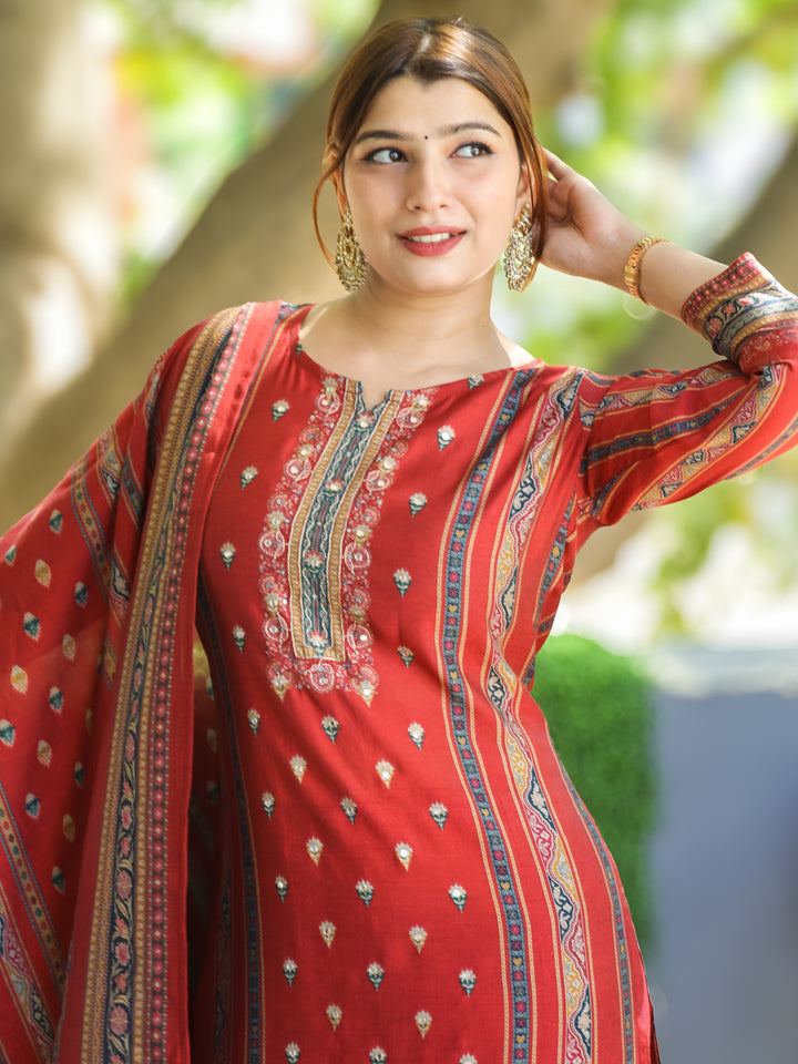 Mayra Berry Red Embellish Neck Workin Panel with Floral Printed Modal 3 Piece Set