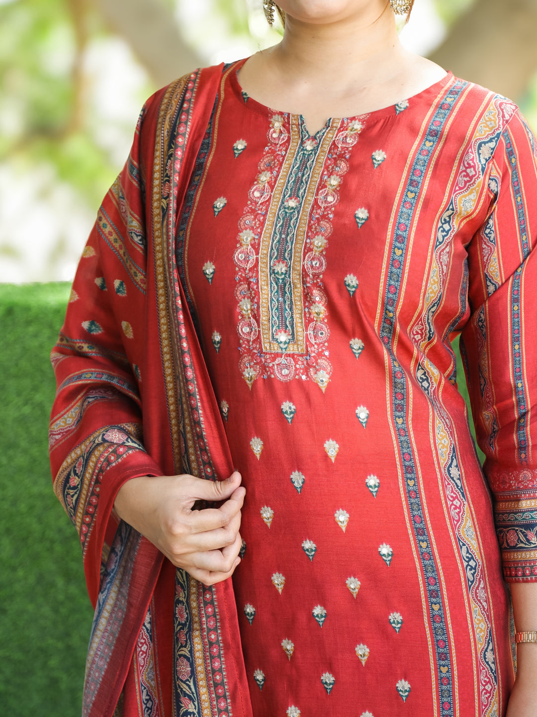 Mayra Berry Red Embellish Neck Workin Panel with Floral Printed Modal 3 Piece Set